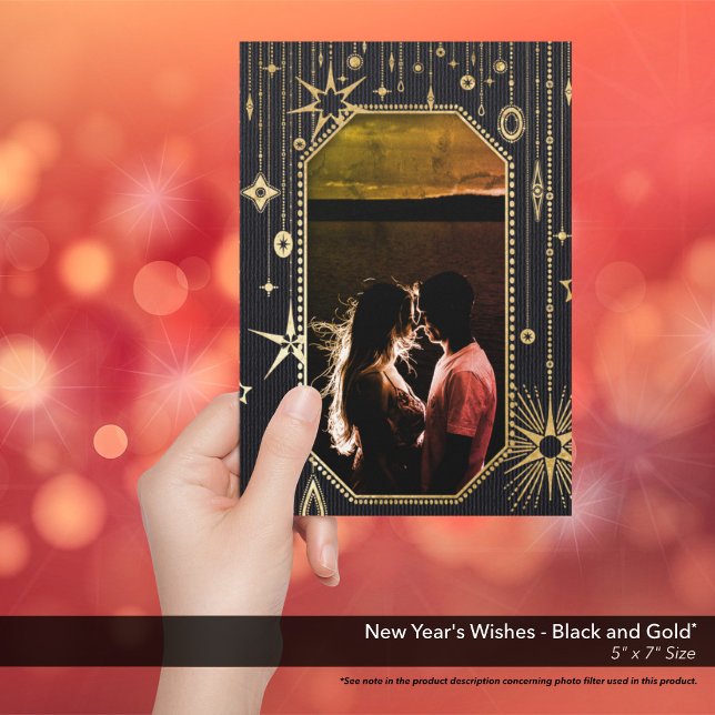 Cartão De Festividades Desejos de Ano Novo Foto Dourada Preta (New Year's Wishes Black and Gold Holiday Card)