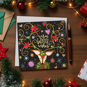 Cartão De Festividades Desejos de Natal Florais Elegantes da Rena