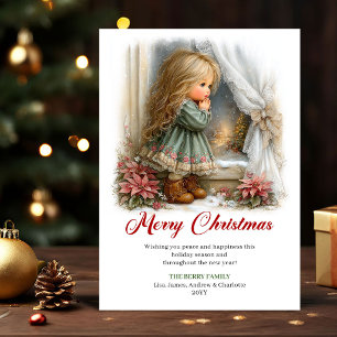 Cartão De Festividades Desejos de Natal Menina Bonita Cena de Inverno Des