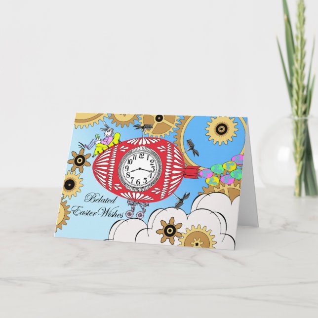 Cartão De Festividades Desejos de Páscoa atrasados, Ilustração de Steampu (Frente)
