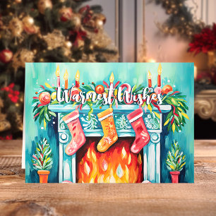 Cartão De Festividades Desejos Mais Quentes Lareira Aquarela Natal