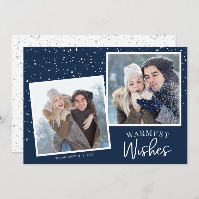 Cartão De Festividades Desejos mais quentes Neve Azul Escuro 2 Fotos Nata (Frente/Verso)