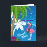 Cartão De Festividades Desejos mais quentes Palm Trees Flamingo Beach Nat<br><div class="desc">Este cartão de cartões de natal de Desejo Mais Caloroso apresenta palmeiras decoradas com luzes de Natal e um flamingo vestindo um chapéu de Papai Noel contra um legal fundo azul e branco de abstrato. Saudação dentro ~ Desejos mais quentes para o mais legal dos Yules Alguns gráficos de trabalho...</div>
