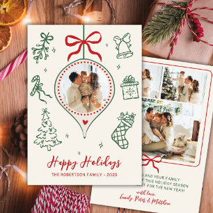 Cartão De Festividades Desenho à Mão Doodle Verde Vermelho Foto Natal Fel