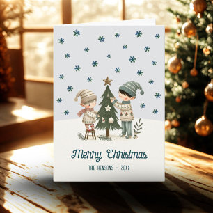 Cartão De Festividades Desenho de Crianças Fofas Decorando a Árvore de Na