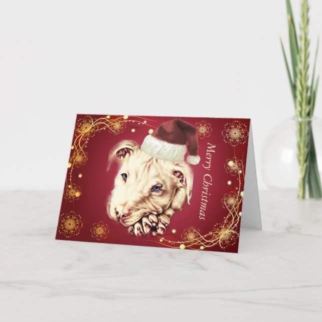 Cartão De Festividades Desenho do Cachorro Branco com Papai Noel (Frente)