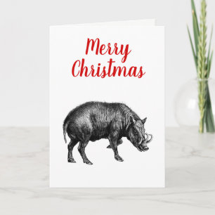 Cartão De Festividades Desenho Vintage de Javali Preto e Branco #1 Natal 