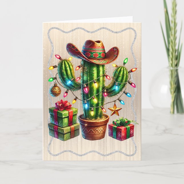 Cartão De Festividades Desert Cactus wearing Cowboy Hat Christmas (Frente)