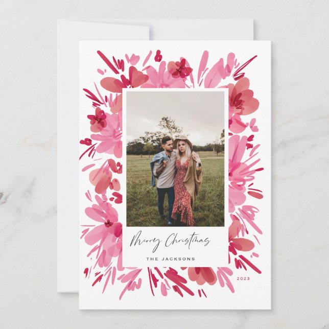 Cartão De Festividades design de Natal floral com feliz abstrato vermelho (Frente)