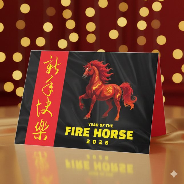Cartão De Festividades Deslumbrante Ano Chinês do Cavalo de Fogo 2026 (Stunning Chinese New Year of the Fire Horse 2026 Greeting Card Cover Photo)