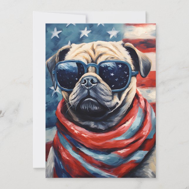 Cartão De Festividades Dia da Independência do Pug 4 de julho (Frente)