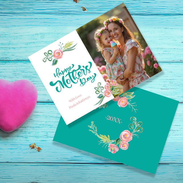 Cartão De Festividades Dia da Mãe Floral Elegante e Rosa com Foto (Elegant Teal & Pink Floral Mother’s Day with Photo Holiday Card)