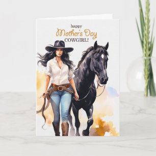 Cartão De Festividades Dia das Mães Cowgirl e Cavalo Preto