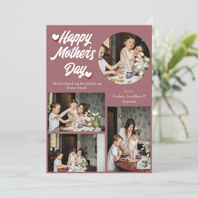 Cartão De Festividades Dia das Mães Personalizado, Colagem de quatro foto (Em pé/Frente)
