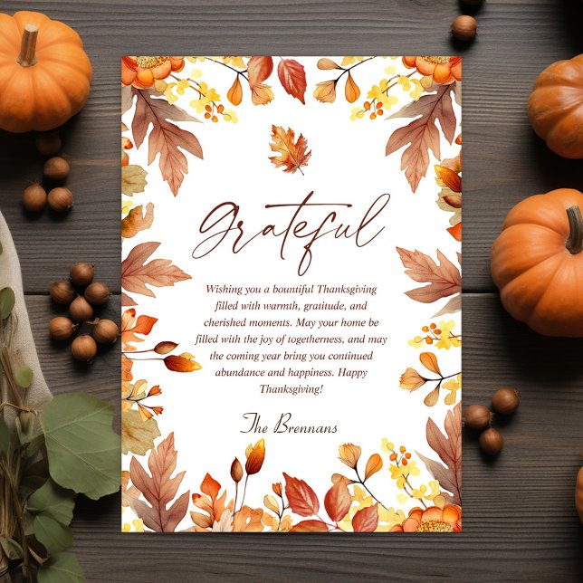 Cartão De Festividades Dia de Ação de Graças Russo Moderno outono Grata (Modern Rustic Thanksgiving Fall Autumn Grateful Holiday Card)