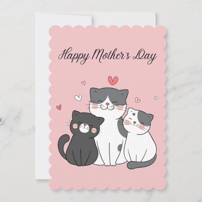Cartão De Festividades Dia de as mães de Gato Kawaii, Rosa e Bonito (Frente)