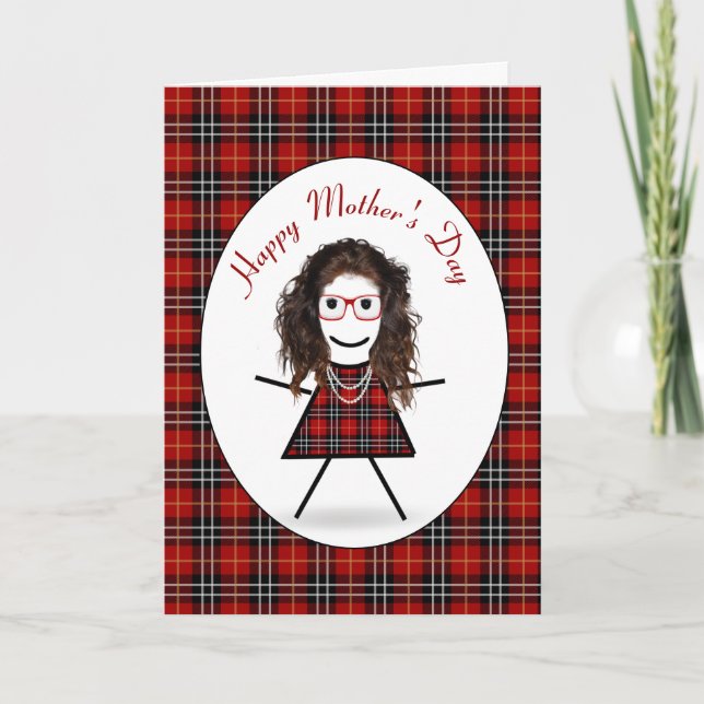 Cartão De Festividades Dia de as mães Stick Girl Na Xadrez Tartan (Frente)