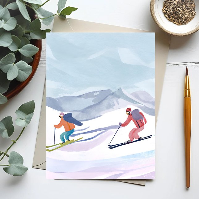 Cartão De Festividades Dia de Esqui | Watercolor Winter Mountain (Criador carregado)