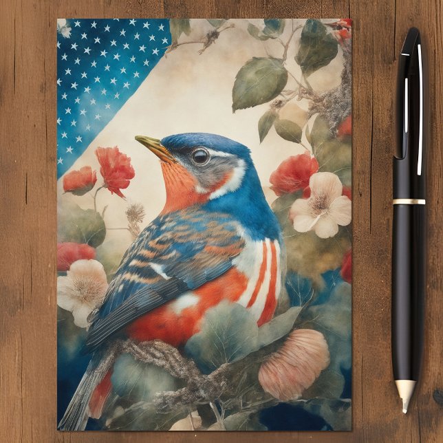 Cartão De Festividades Dia de Independência do Pássaro Americano Robin Vi ("American Robin" patriotic bird art in a vintage style)