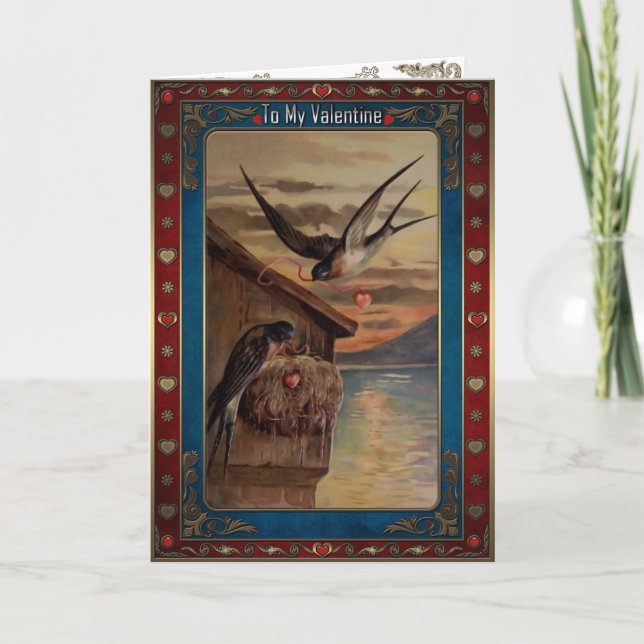 Cartão De Festividades Dia de os namorados. Engole com corações em fitas. (Frente)