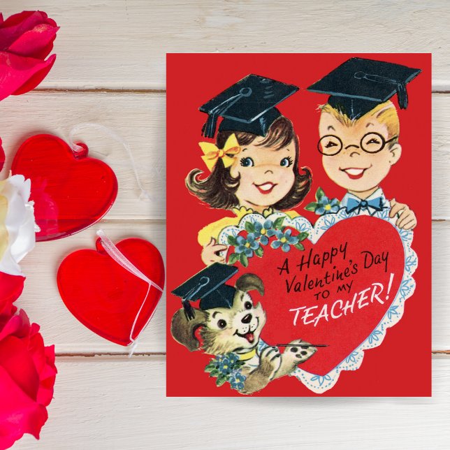 Cartão De Festividades Dia de os namorados Personalizado de Professores d (Vintage Retro Teacher Custom Valentine's Day Holiday Card. Add a special message and/or your name!
)