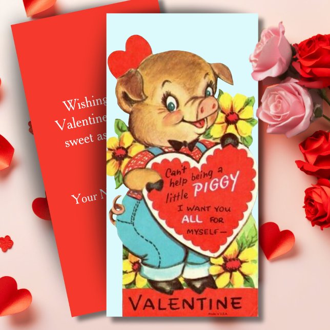 Cartão De Festividades Dia de os namorados Retroativo Personalizado Vinta (Vintage Little Piggy Custom Retro Valentine's Day Holiday Card. Add your name & a special message!)