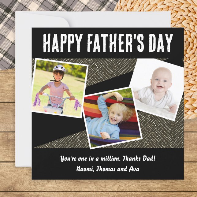 Cartão De Festividades Dia de os pais de Na moda de Colagem de Fotografia (A stylish Father's Day card in black and white, to personalize with three photos and a message)