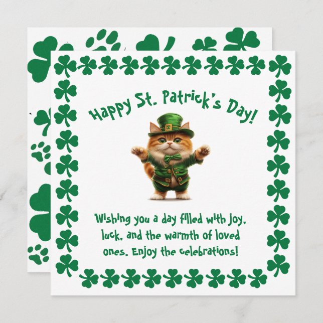 Cartão De Festividades Dia de São Patrício Duende Gatinho Fofo  (Frente/Verso)