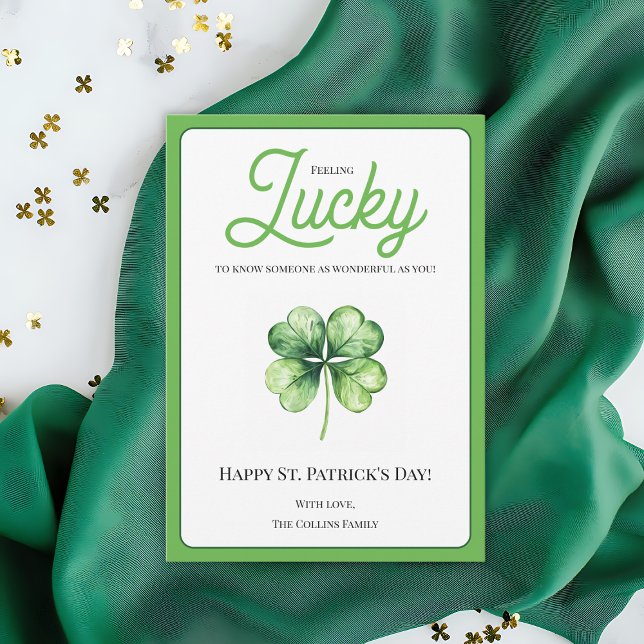 Cartão De Festividades Dia de São Patrício Feliz de Quatro Folhas de Folh (Green Four Leaf Clover Luck Happy St Patrick's Day Holiday Card)