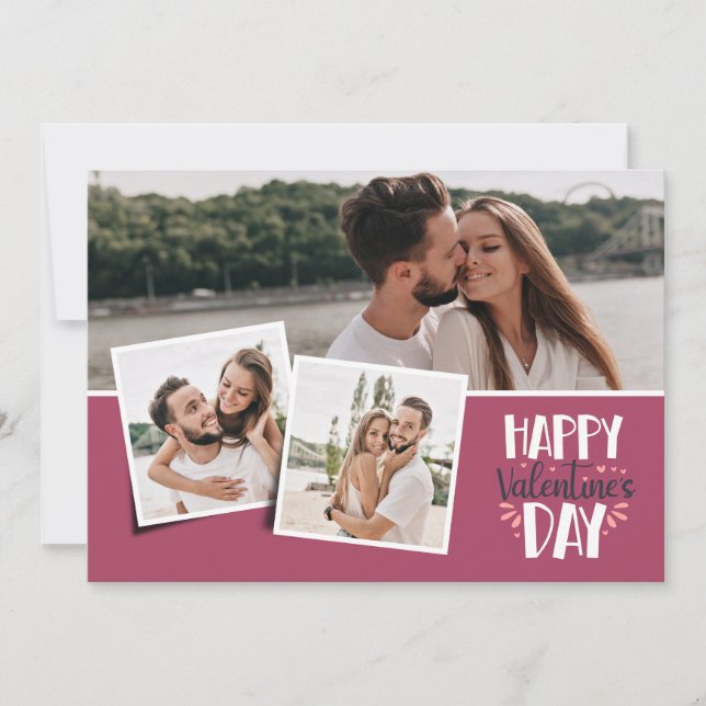 Cartão De Festividades Dia dos Namorados 3 fotos colagem rosa (Frente)