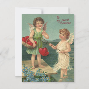 Cartão De Festividades Dia dos Namorados Vintage, Anjos Pescando Corações