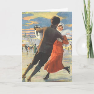 Cartão De Festividades Dia dos Namorados Vintage, Casal Patinando