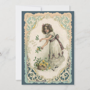 Cartão De Festividades Dia dos Namorados Vintage, Menina Vitoriana com Ro