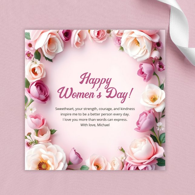 Cartão De Festividades Dia Internacional da Mulher, 8 de março (Pink Roses Floral 8 March International Women Day Holiday Card Template)