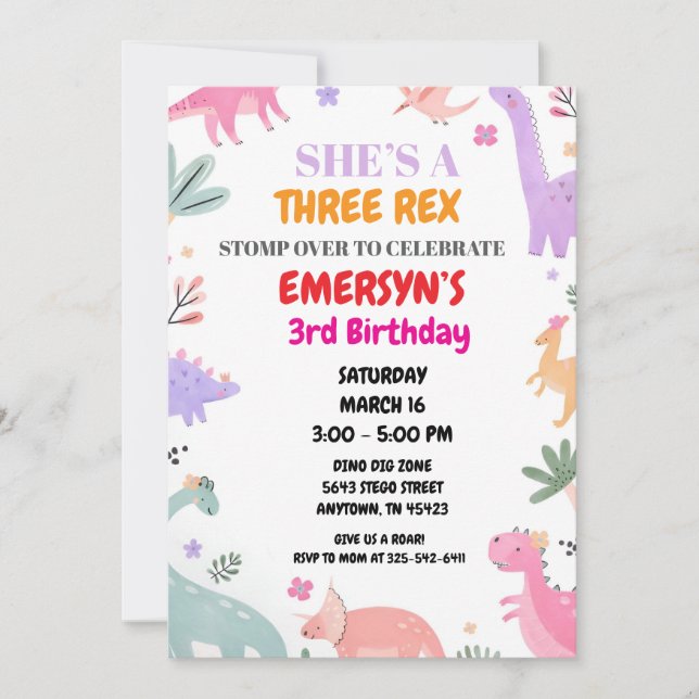 Cartão De Festividades Dinosaur Birthday Invitation Girls Cute Three-Rex  (Frente)