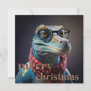 Cartão De Festividades Dinossauro azul usando uma cachecol de Natal