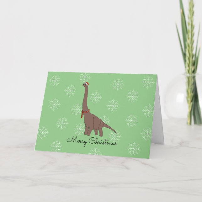 Cartão De Festividades Dinossauro Castanho com Flocos de Neve Santa Hat (Frente)