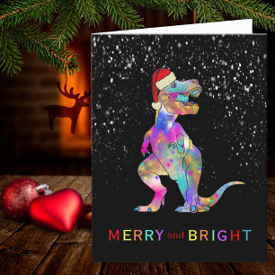 Cartão De Festividades Dinossauro de Natal Alegre e Brilhante Papai Noel