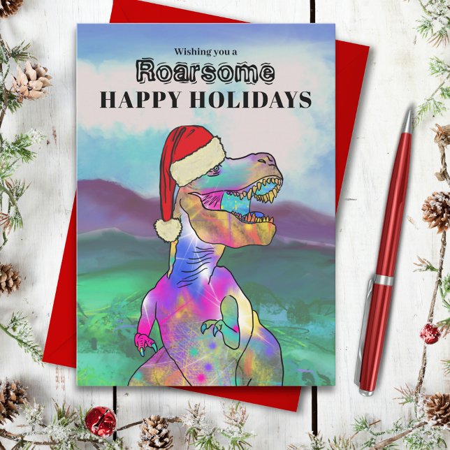 Cartão De Festividades Dinossauro de Natal T-Rex (Christmas dinosaur roarsome happy holidays greetings card with T-Rex wearing a Santa hat)