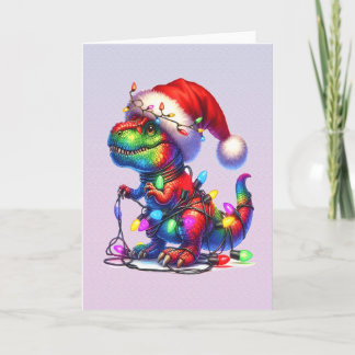Cartão De Festividades Dinossauro enroscado em luzes de natal
