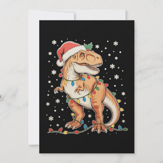 Cartão De Festividades Dinossauro T Rex Natal Luzes De Natal Férias Dino (Frente)