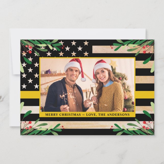 Cartão De Festividades Dispatcher 911 Christmas Custom Photo Gold Flag (Frente)