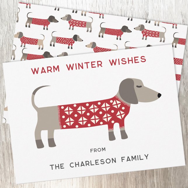 Cartão De Festividades Diversão com cachorro Dachshund  (Dachshund Sausage or Wiener Dog in red and white cosy knitwear for a fun Christmas holiday card)