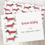 Cartão De Festividades Diversão Dachshund Dog<br><div class="desc">Enchido de Dachshund,  bonito e adorável,  ou cães salsicha em camisolas festivas de malha vermelha e branca. Altere o nome e a saudação para personalizar. Inverter apresenta um padrão correspondente. Arte original de Nic Squirrell.</div>