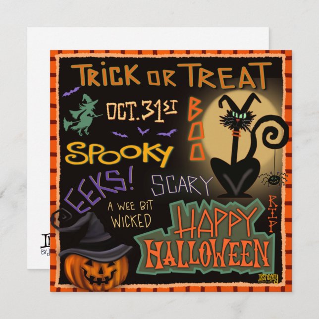 Cartão De Festividades Diversão do Halloween Black Cat Pumpkin Inspirivid (Frente/Verso)