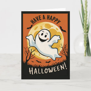 Cartão De Festividades Diversão Fantasma Vintage de Halloween e Lua