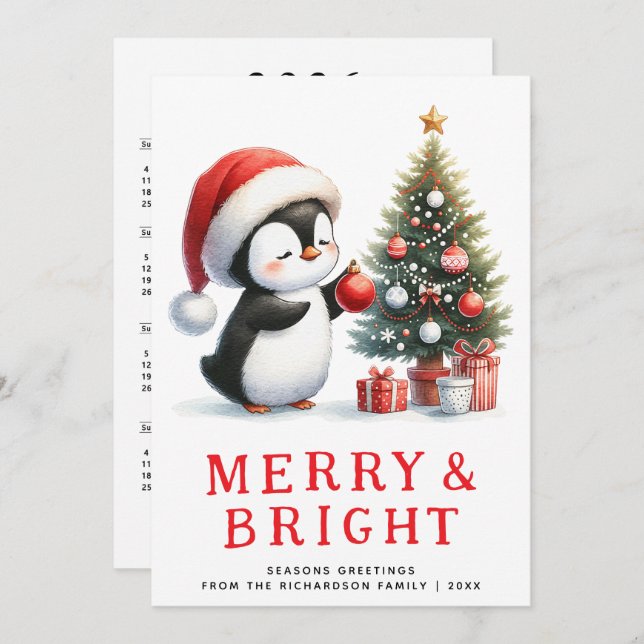 Cartão De Festividades Diversão Pinguim Alegre Brilho Moderno Natal Minim (Frente/Verso)