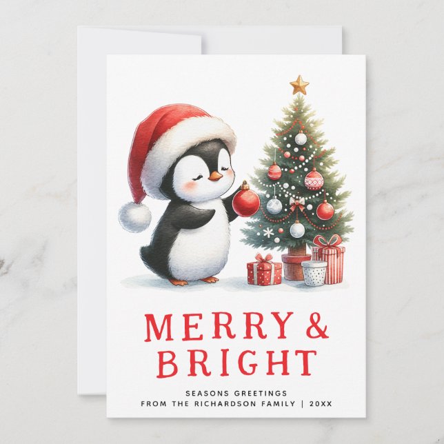 Cartão De Festividades Divertido Pinguim Feliz Brilhante Natal Mínimo Mod (Frente)