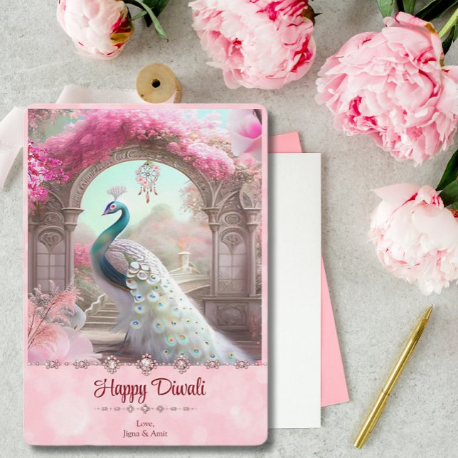 Cartão De Festividades Diwali White Peacock Rosa Saudação Floral (Criador carregado)