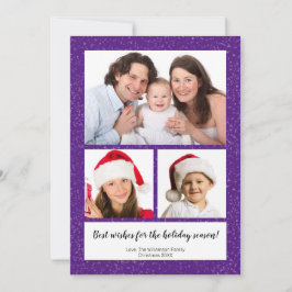 Cartão De Festividades DIY 3 Photo Collage Name Year Script Snowy Purple